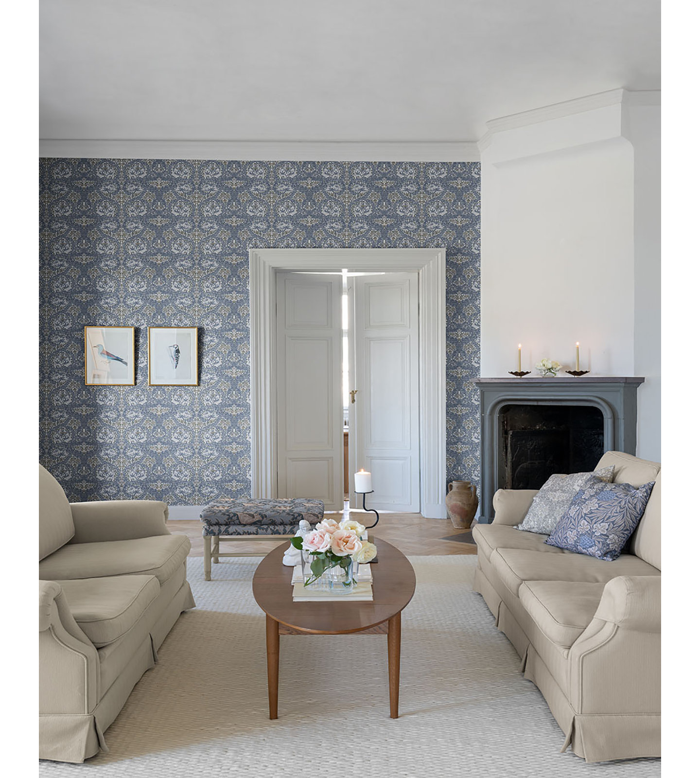African Marigold Floral Wallpaper, Blue