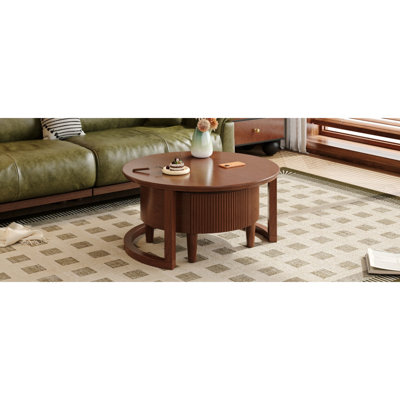 Table basse gigogne ronde vintage avec tiroir en noyer de 31,5 po
