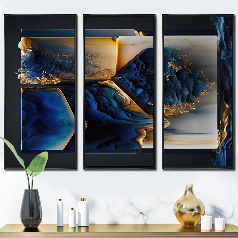«Abstract Geode Gold and Blue Marble Shape II», reproduction sur toile 3 pièces, H 28 po x l 36 po x P 1 po