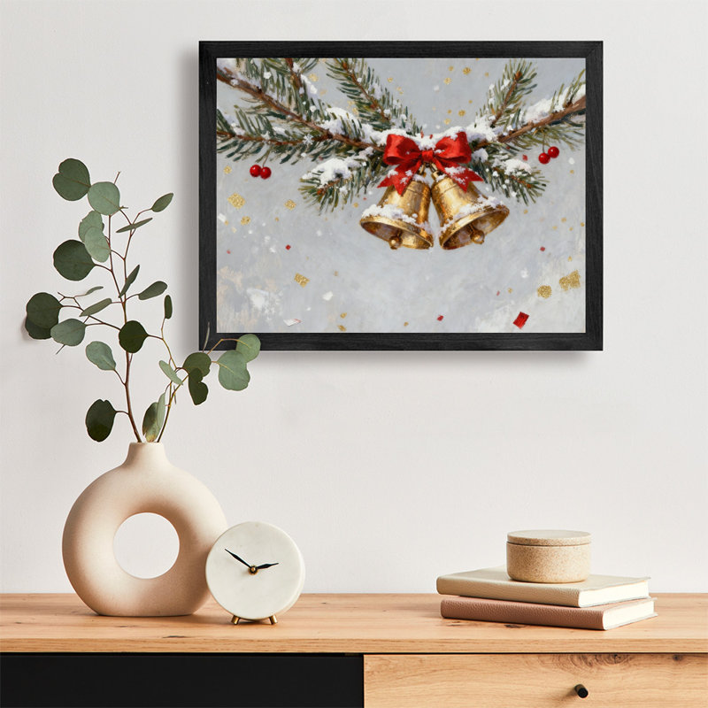 Reproduction d'art encadrée noire rétro, "La cloche de Noël sur le cèdre", H 13 po x l 17 po