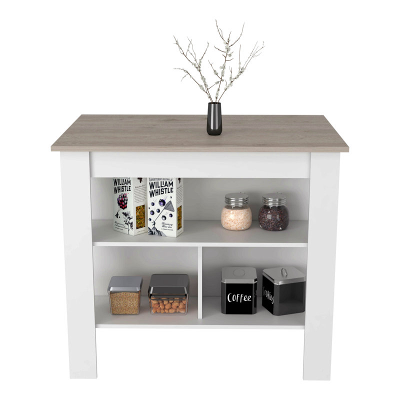 Kitchen Island, Kitchen Table 35" H, Three Open Storage Shelves, Four Legs