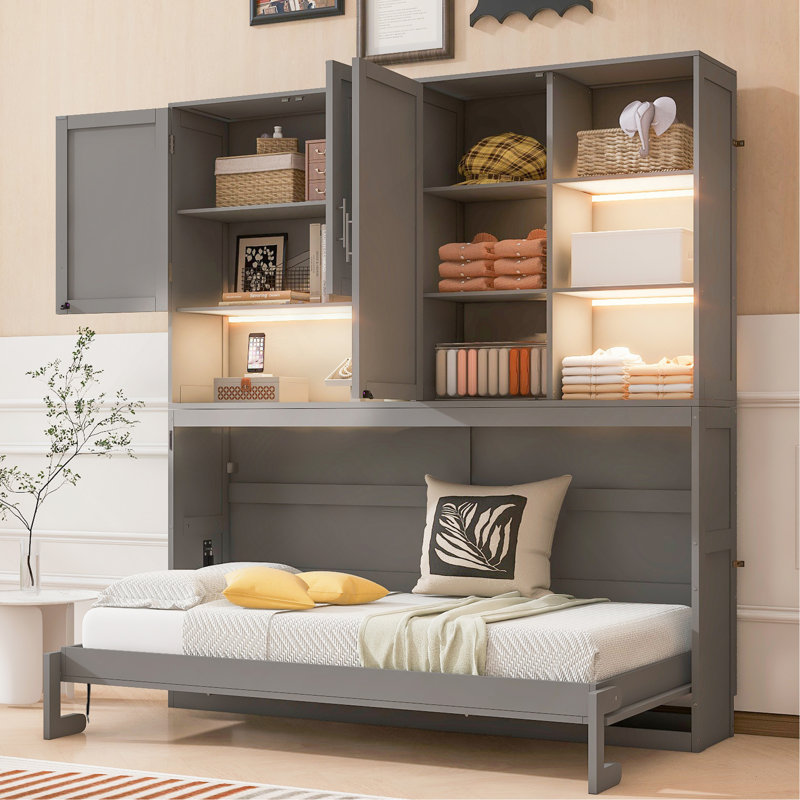Lit escamotable mural simple avec armoire supérieure, tablettes, lit pliable peu encombrant avec lumière et USB, Gris