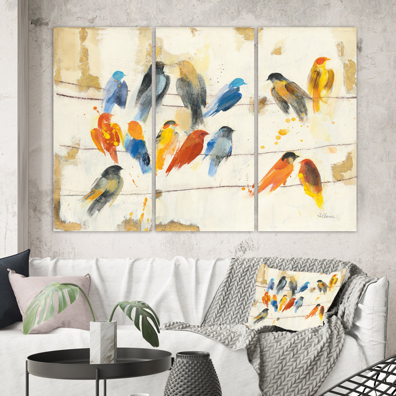 Multicolor Bird Meeting - 3 pièces, reproduction d'art sur toile tendue, H 32 po x l 48 po x P 1 po