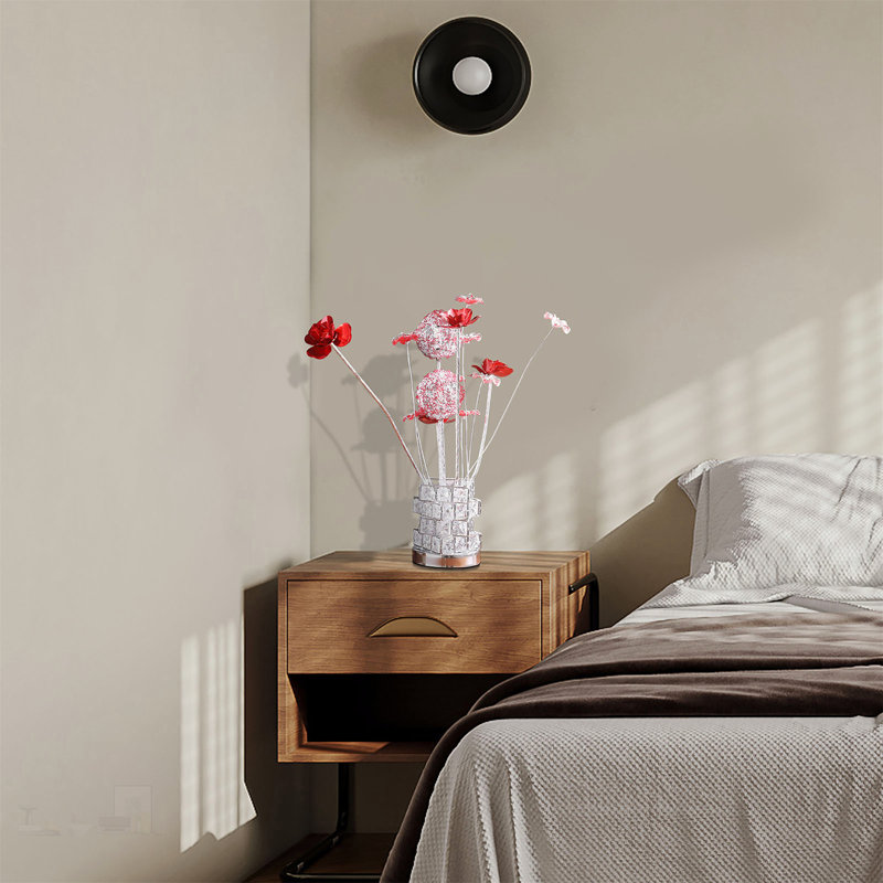 Aluminum 4 Red Roses 6 Petal Floral 2 Red/Silver Flower Bud On A 4 Squared Modern Hexagonal Chrome Vase Table Lamp, LED Lighting for Living Room and Bedroom