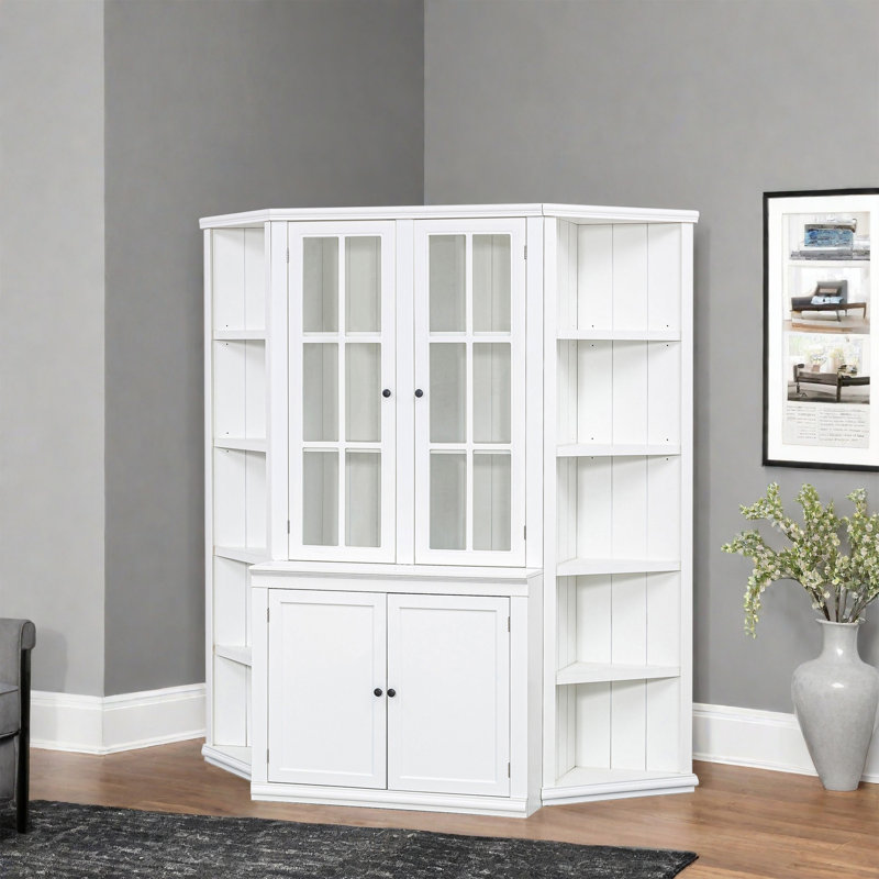 Vitrine blanche et deux tablettes triangulaires, combinaison murale de style rétro avec portes en verre, pour les couloirs, le salon, le bureau, le studio ou l'espace de travail