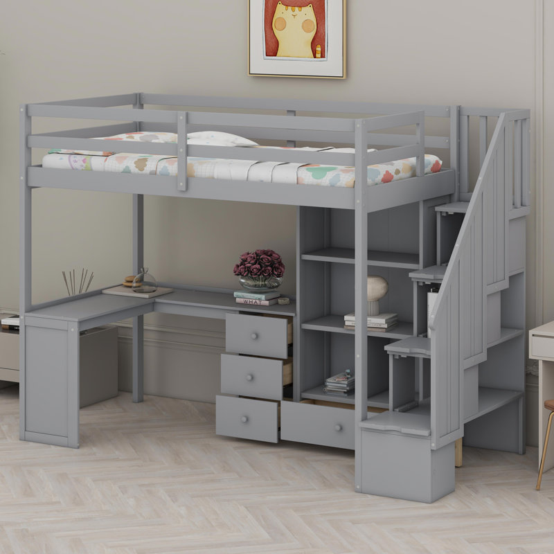 Lit mezzanine avec bureau en L et tiroirs, Gris