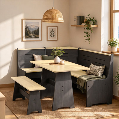 Ensemble table et chaises de coin avec station de recharge USB, étagères de rangement ouvertes et banquette confortable en forme de L pour 3 à 4 personnes