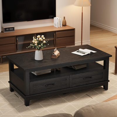 47.2'' Coffee Table with Drawers,Rustic Center Table with Open Shelf and Support Legs, Wood Grain Living Room Table with Storage for Home Office,Black