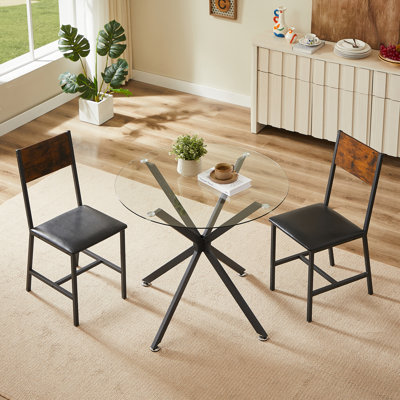 Table de salle à manger ronde moderne en verre trempé 35,4 pouces avec pieds en métal robustes