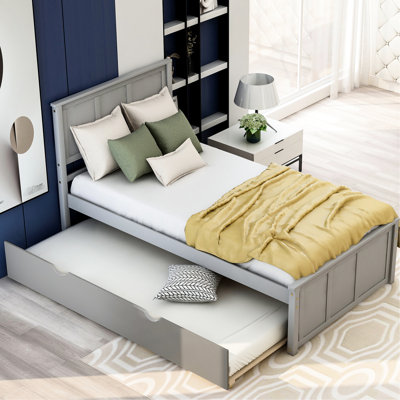 Lit simple gris gigogne - fait de bois massif et plateforme avec et pratique