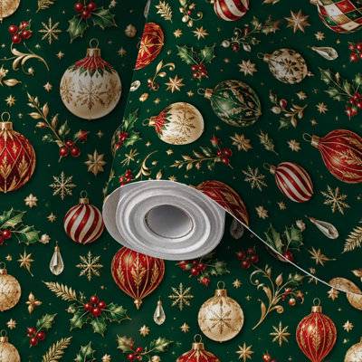 Papier peint adhésif décoratif à motifs de Noël : boules rouges et dorées, feuilles et flocons de neige. Facile à installer et à retirer. Parfait pour les locataires. Parfait pour la chambre, le salon, la cuisine, la salle de bain ou comme mur d'accent.