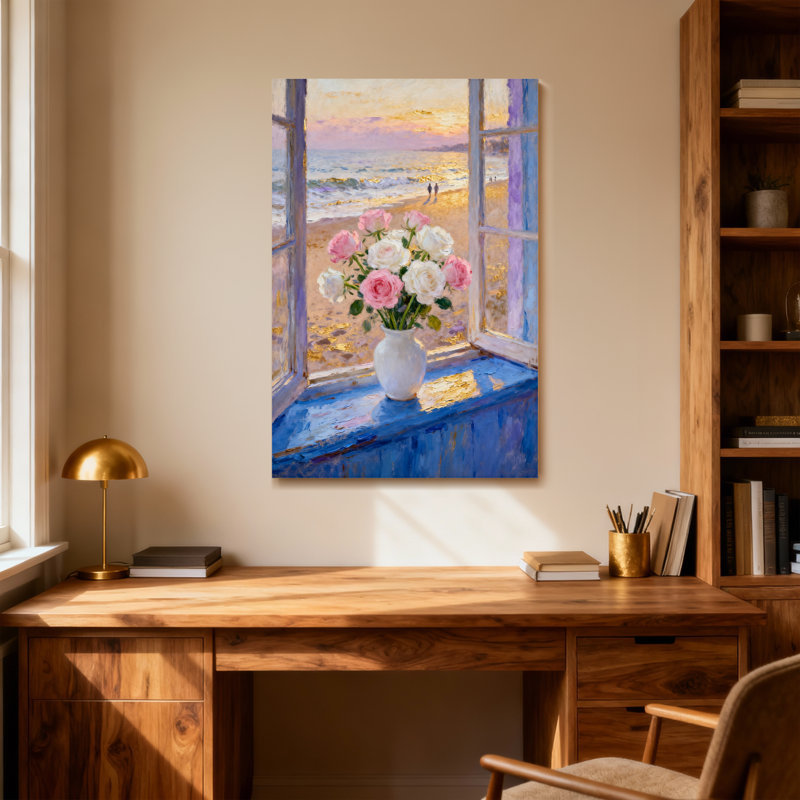 «Plants & Flowers Window View Roses Beach Sunset», art sur toile, H 16 po x l 24 po