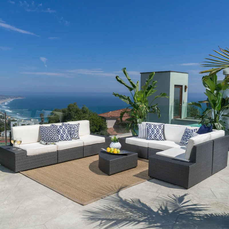 Extérieur modulaire d'extérieur 8 - Chic. Comprend 2 fauteuils droit et gauche, 1 fauteuil d'angle sans accoudoirs et une table basse. Coussins. Fabrication en fer. Aucun assemblage requis avec les coussins d'eau pour se prélasser. A
