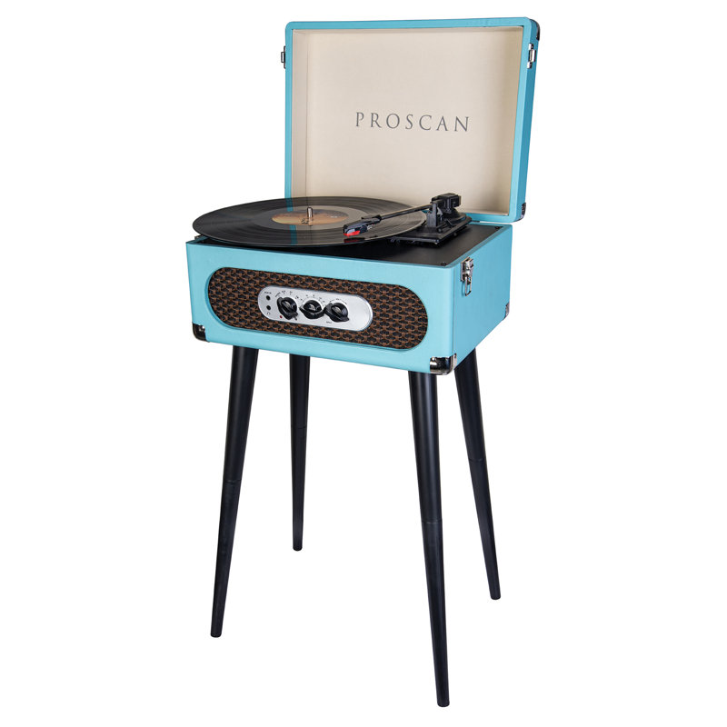 Proscan® 3-Speed Belt-Drive Manual Retro Bluetooth® Suitcase-Style Turntable With Built-In Speakers, FM Radio, Aux, 45-RPM Adapter & Stand, Blue