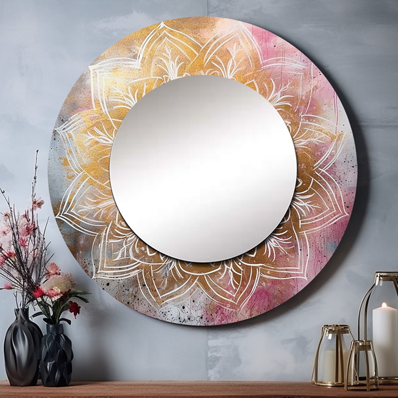 Panthia rose doré Mandala I - miroir mural décoratif Boho Mandala, miroir rond traditionnel, impression d'art en métal
