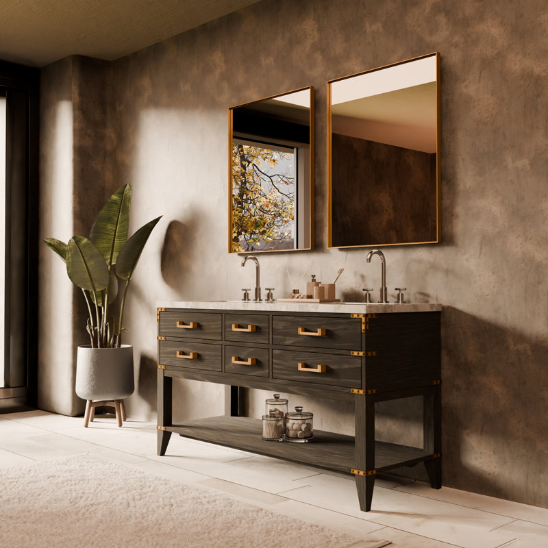 Meuble-lavabo double en chêne noir l 60 po x P 22 po, comptoir en marbre de Carrare, ensemble de robinet et miroirs 28 po