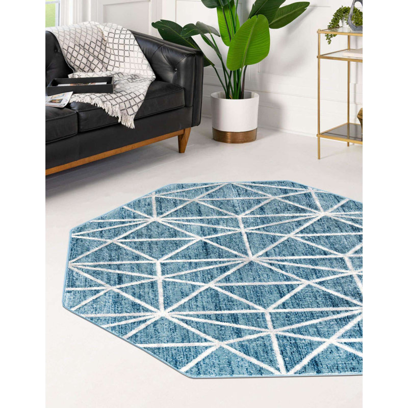 Tapis géométrique bleu / gris Jantsen, Octogone 5 pi 3 po x 5 pi 3 po