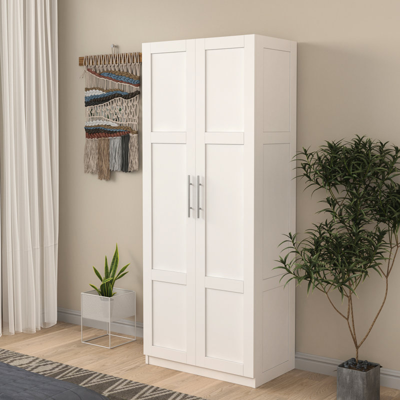 Garde-robe blanche avec 2 portes et 3 cloisons, 4 espaces de rangement, faite de matériaux nobles, armoire de cuisine facile à ranger, portes, matériau