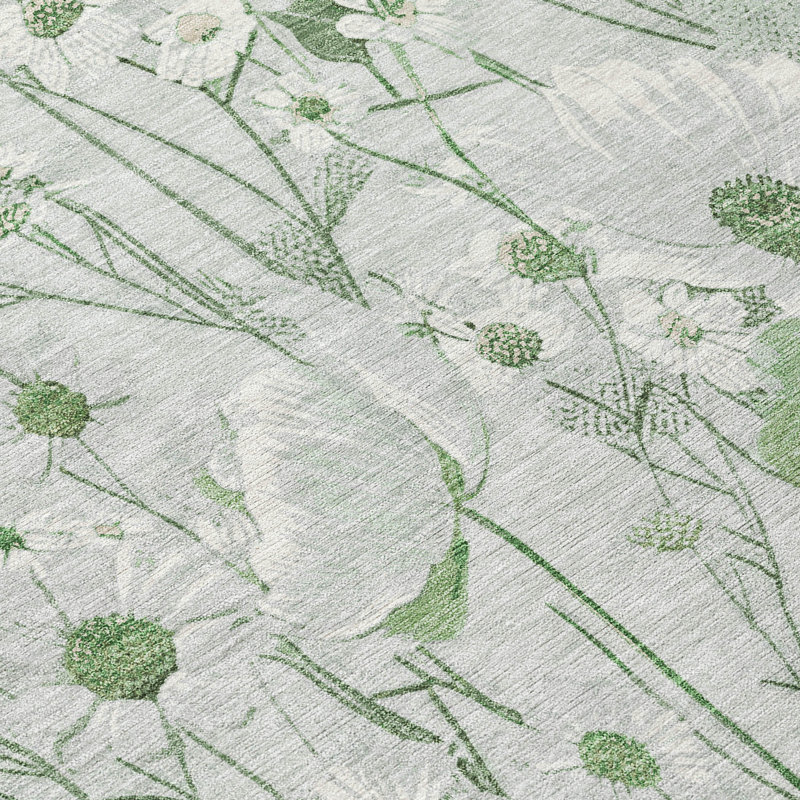 Mint Green Floral Washable Rectangular Rug 2'6" x 3'10"