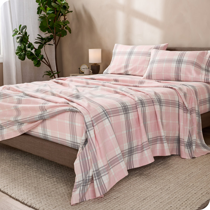 Ensemble de draps 100% flanelle de coton, Ensemble de draps pour lit simple avec 1 taie d'or, Carreaux rose aurore