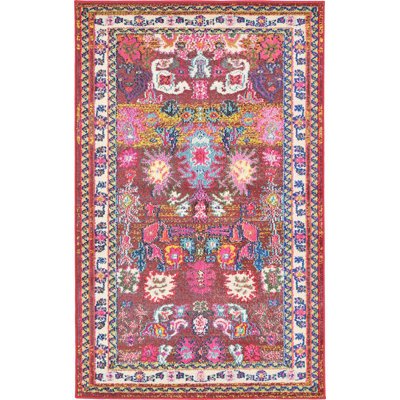 Tapis bourgogne / bleu à motif floral Eddins