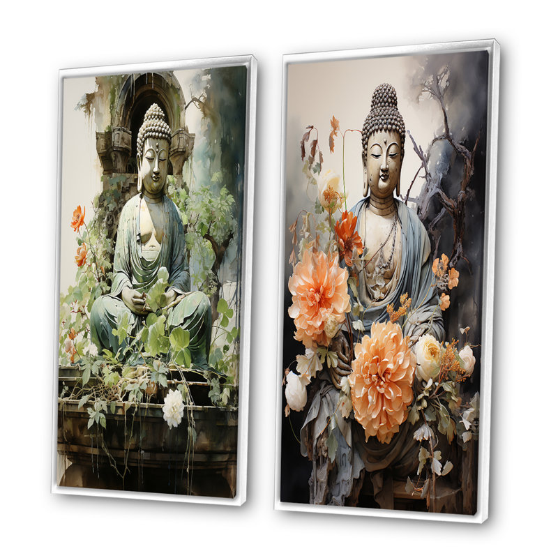 «Green Buddhist Art Buddhas Serene», 2 pièces sur toile, H 20 po x l 24 po, Cadre blanc