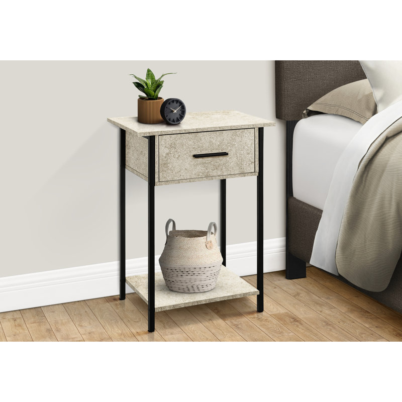 Stylish 2 Tier End Table With Storage - Black Metal & Cream Stone Laminate For Living Room 24" High Drawer