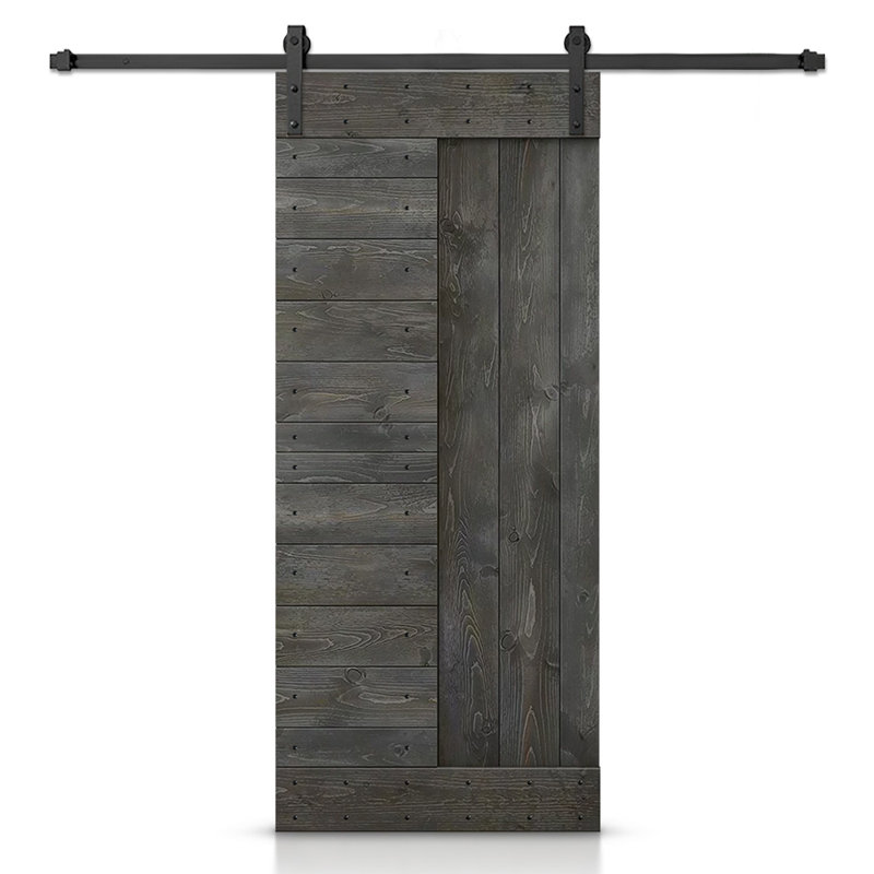 Carbon Gray Solid Knotty Pine Wood Sliding Barn Door Kit with Black Hardware