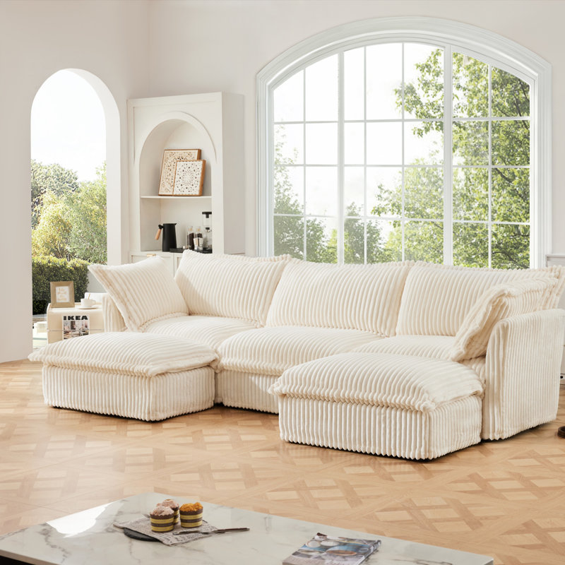 Slipcovered U Shape Sectional Wide and Deep Seat Sofa Couch, 4 Seater Sofa with French Edges Design Multiple Big Pillows, Soft Deep Seat Comfy Cloud Couch for Living Room, Apartment