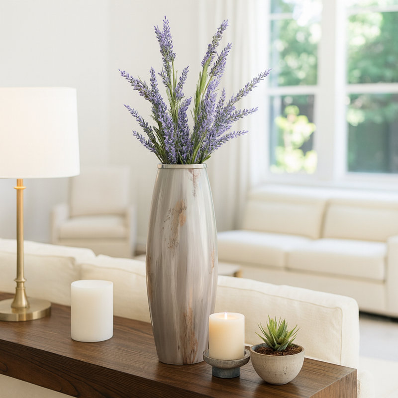 Jocelyn Modern Textured Tall Glass Vase for Home Decor - Decorative Table Flower Vase with Metal Rim for Living Room Styling and Tabletop Display - Brown