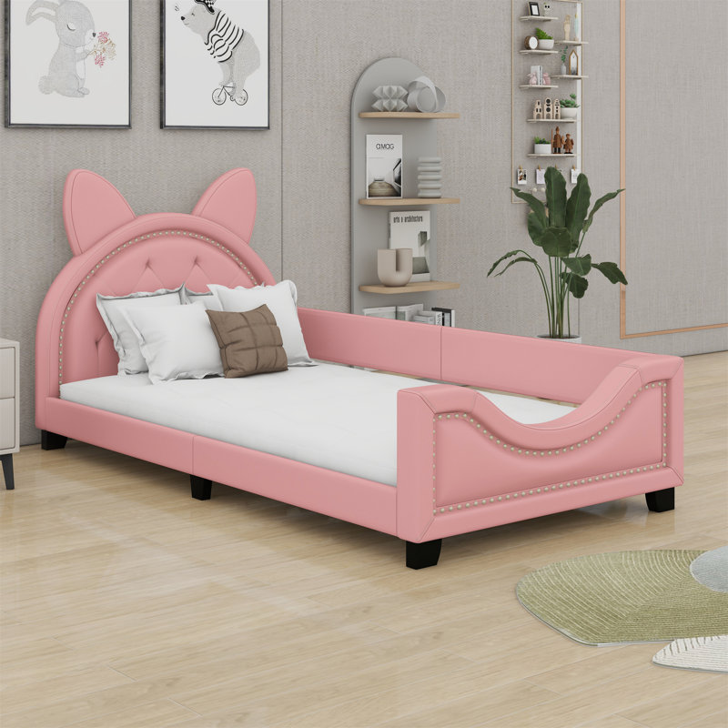Upholstered Daybed With Carton Ears Shaped Headboard, Pink