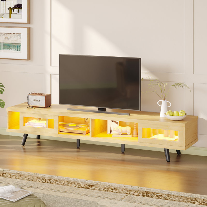 70'' Mid-Century Modern TV Stand with LED Lights Sliding Doors, Media Console for TVs up to 75'', White Maple