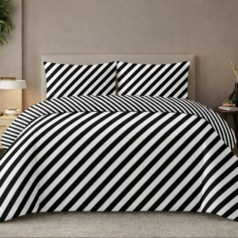 Polyester Striped Duvet Cover Set with Pillowcases, Kingsize Duvet Cover Set + 2 Pillowcases