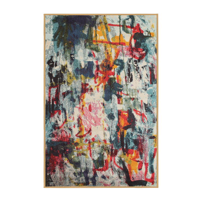 Tapis bleu/rose contemporain, Rectangle 3 pi x 5 pi