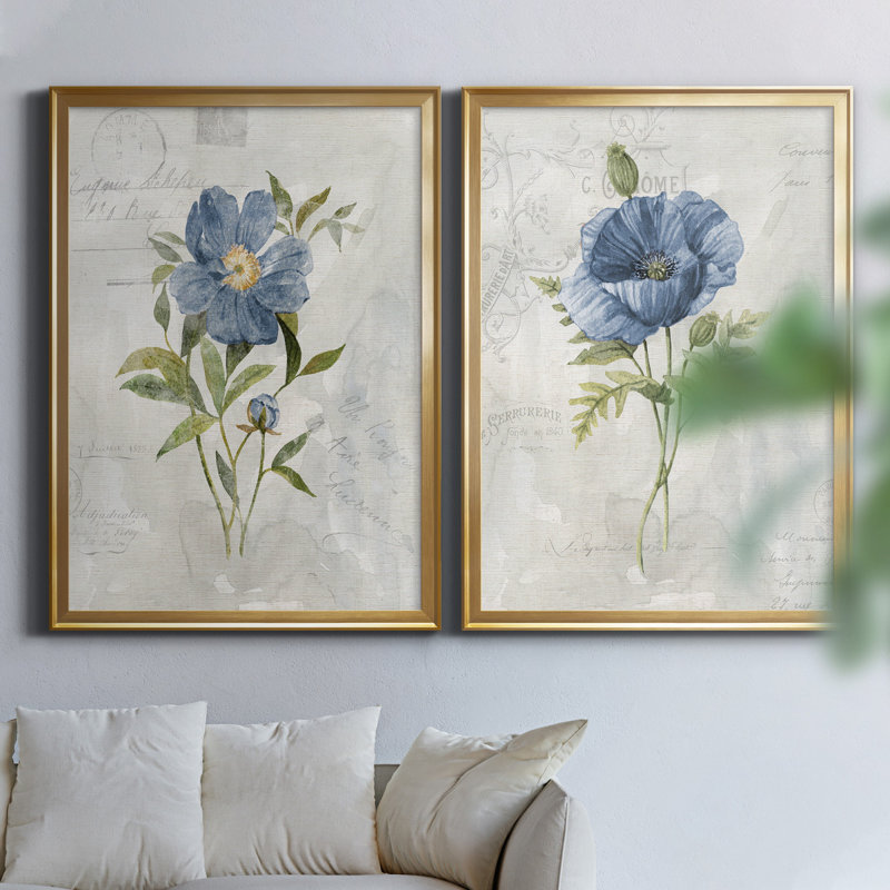 Blue Linen Peony - ensemble de 2 reproductions d'art, H 22,5 po x l 61 po x P 1,5 po, Toile encadrée dorée, Pas de tapis