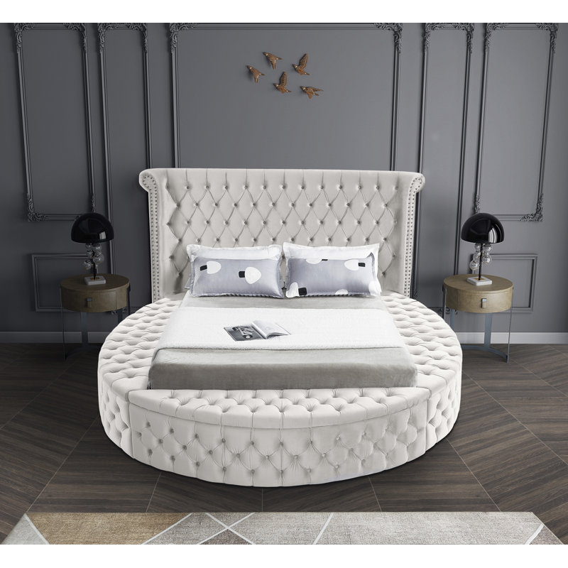 Lit plateforme tapissier avec rangement capitonné Dorgan, Velours crème, Grand