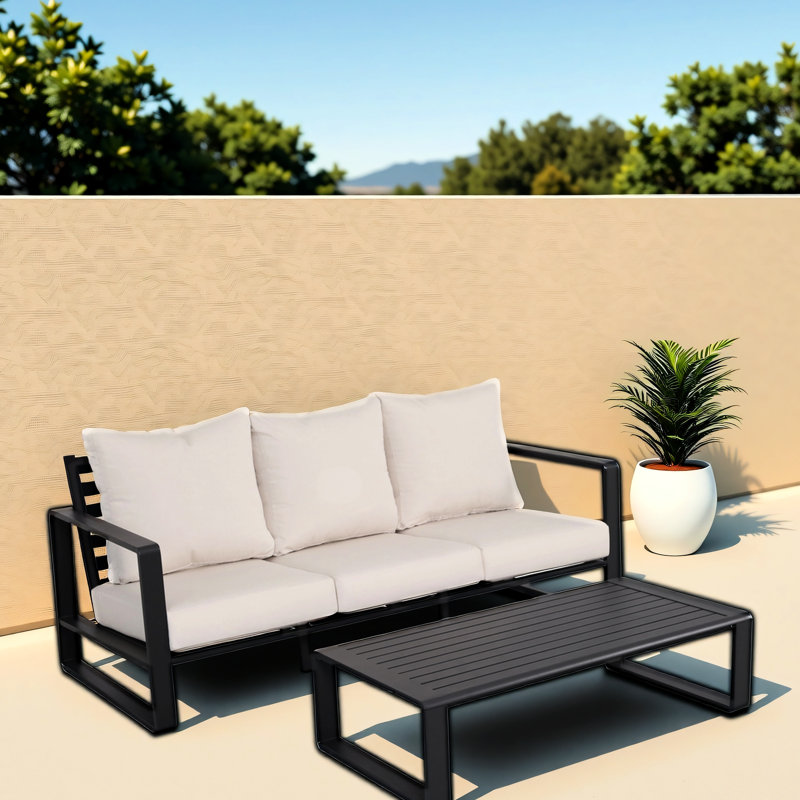 Three & Rectangular Coffee Table, Grey Cushions, Aluminum Stylish And Soft Cushion, Stable Frame