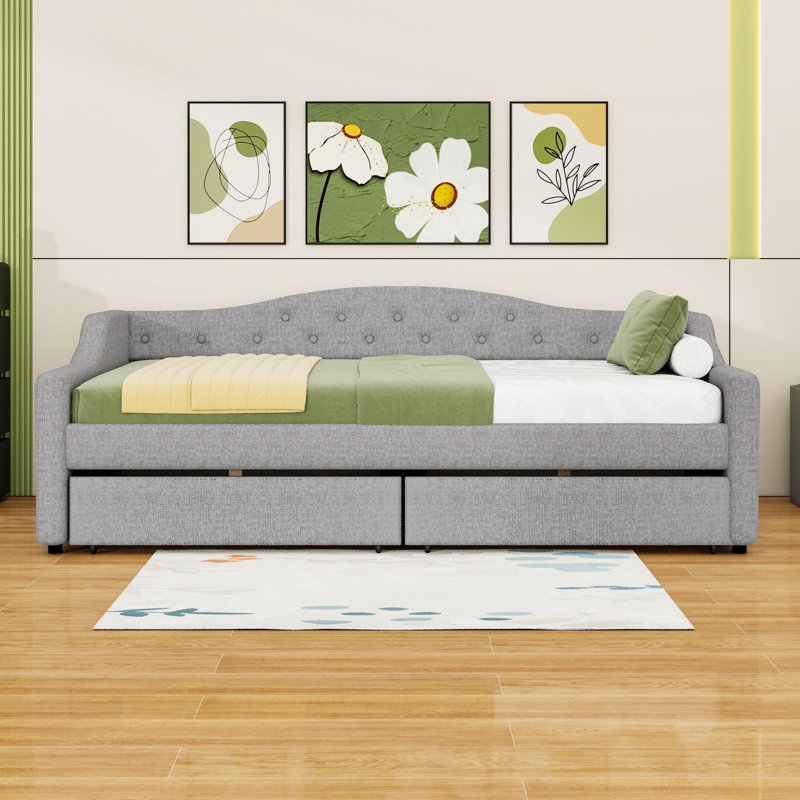 Twin XL Upholstered Daybed with Trundle and LED and 2 Drawers, Gray
