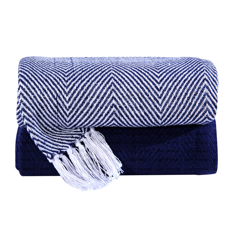 Jeté 100% coton, Bleu marine, Chervon / couleur unie