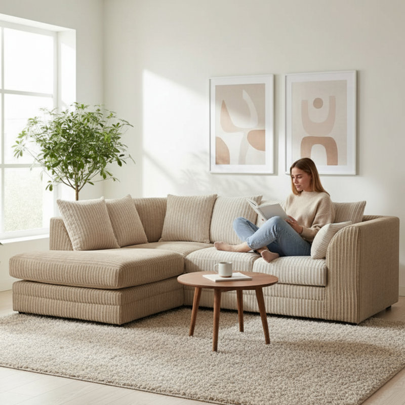 Jumbo Cord Upholstered Corner Sofa Small Back Cushion with Foot Stool , Left Hand Facing, Beige