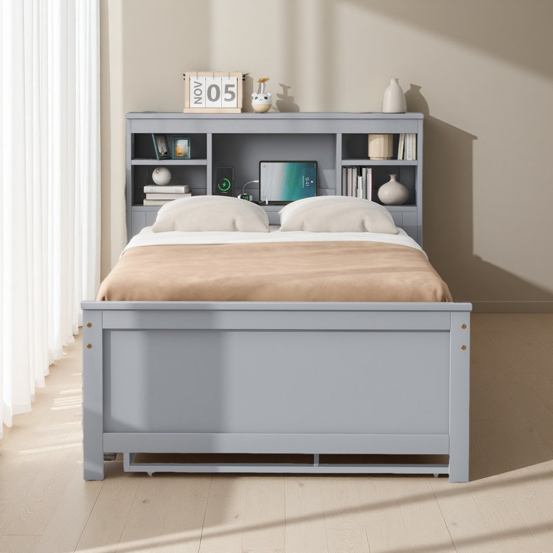 Lit plateforme avec tête de lit, USB, lit gigogne simple et 3 tiroirs, Gris, Lit simple