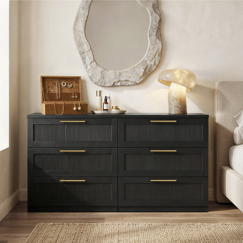 Commode à 6 tiroirs pour chambre Adelle, ensemble de 2 commodes à panneaux à vagues modernes, meuble télé de 62 po de large avec console multimédia, armoire de rangement en grain de bois, noir