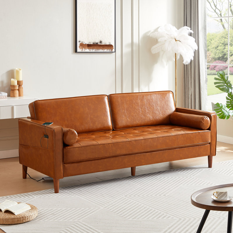 82.48'' Faux Leather Square Arm Sofa,Tufted Sofa,Upholstered Sofa,