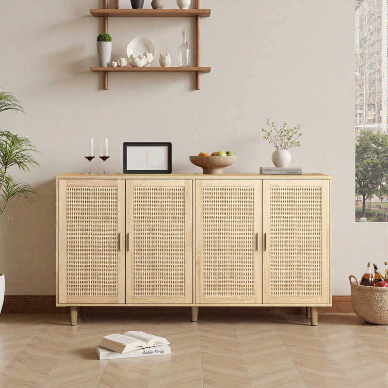Armoire de rangement élégante et fonctionnelle en rotin à 4 portes, pour la salle à manger, le salon, le bureau, facile à assembler