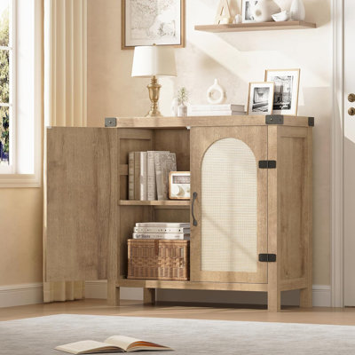 Farmhouse Boho Entryway Storage Cabinet – Adjustable Shelves, Spacious Buffet Sideboard, Accent Credenza for Kitchen, Dining, Living Room – Wood Grain