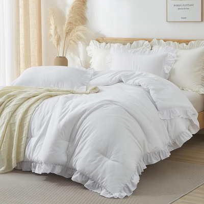 Suncomfy Ruffled Comforter Set Twin Size, White Shabby Chic Bedding, 2-Piece Romantic Farmhouse Bedding