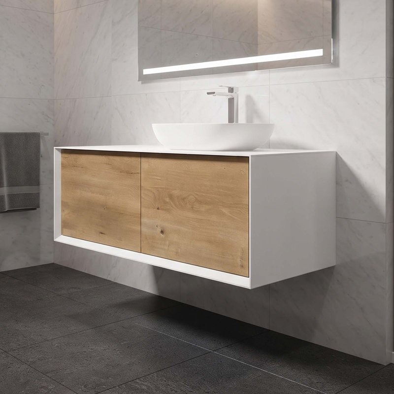 Meuble-lavabo suspendu moderne bicolore 122 cm (48 po) | Lavabo ovale à poser en surface solide | Tiroir à fermeture en douceur avec découpe en U | Blanc et chêne