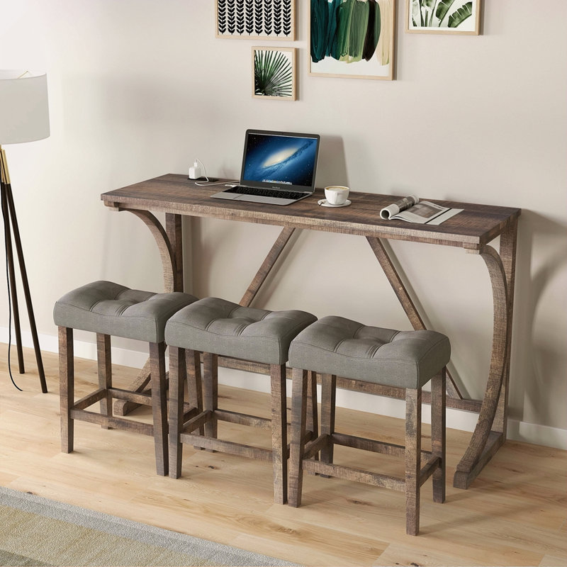Bar Table Set With Power Outlet, Bar Table And Chairs Set, 4 Piece Dining Table Set, Industrial Breakfast Table Set, For Living Room, Dining Room, Game Room
