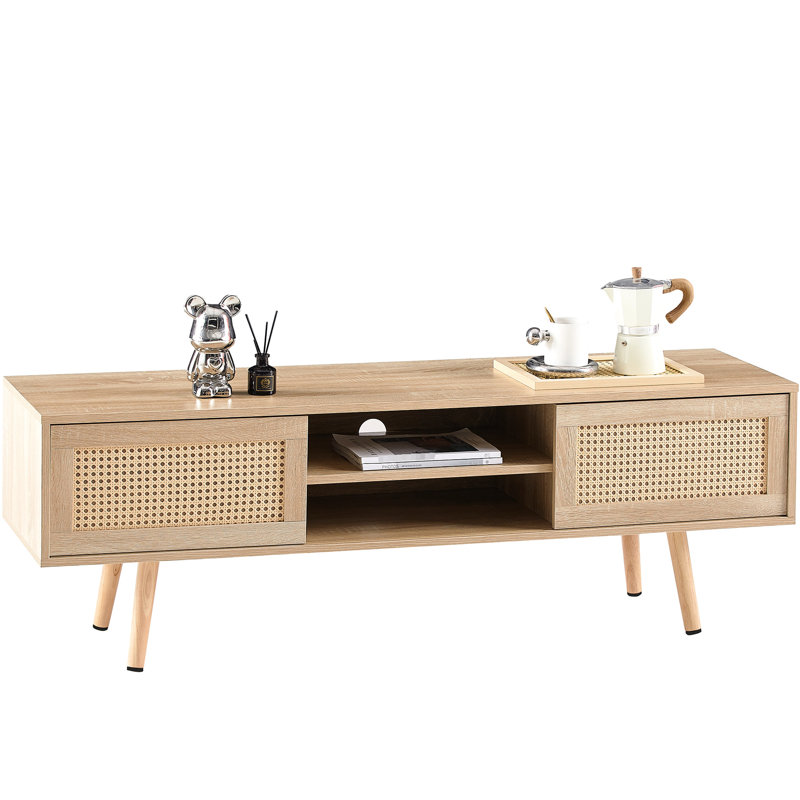 Meuble télé naturel avec pieds en bois massif, tablette réglable de 54,13 po de long, portes coulissantes doubles pour armoire de salon, portes, tablette