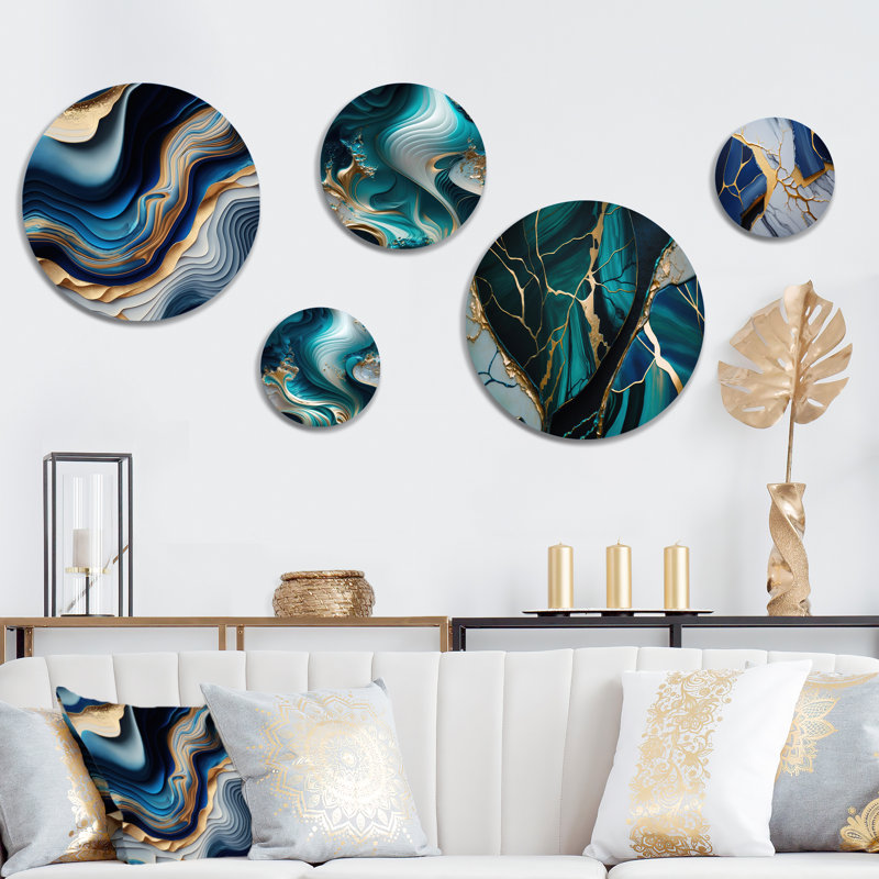 Décoration murale transitionnelle en métal Vibrant Blue and Gold Flow Art II